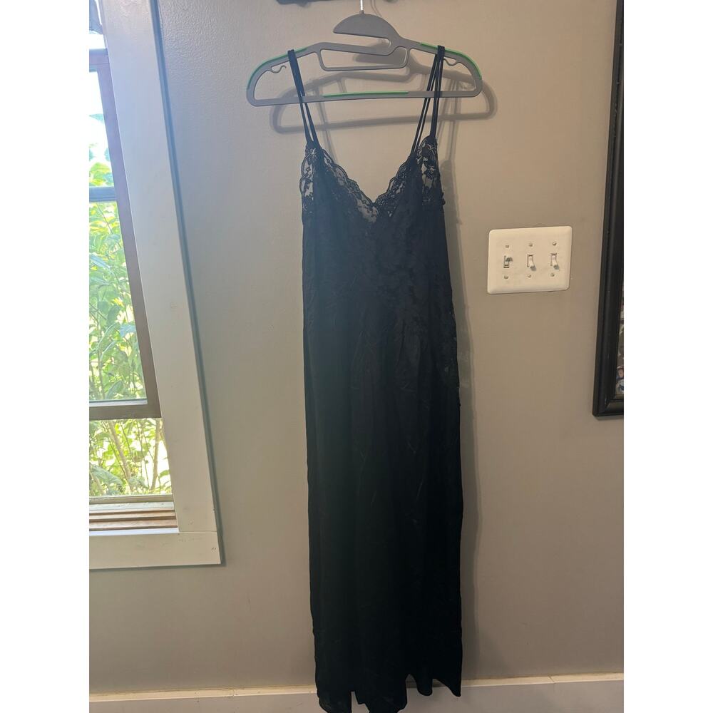 VTG Women's Full Length Sz Med Nightgown Black Sheer Lace-Nylon-Double Straps